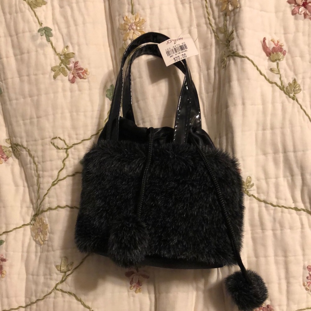 New faux fur Black Purse with black puff balls and polyester lining